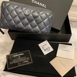 Authentic Silver CHANEL Metallic Lambskin Quilted Gusset Zip Around Wallet